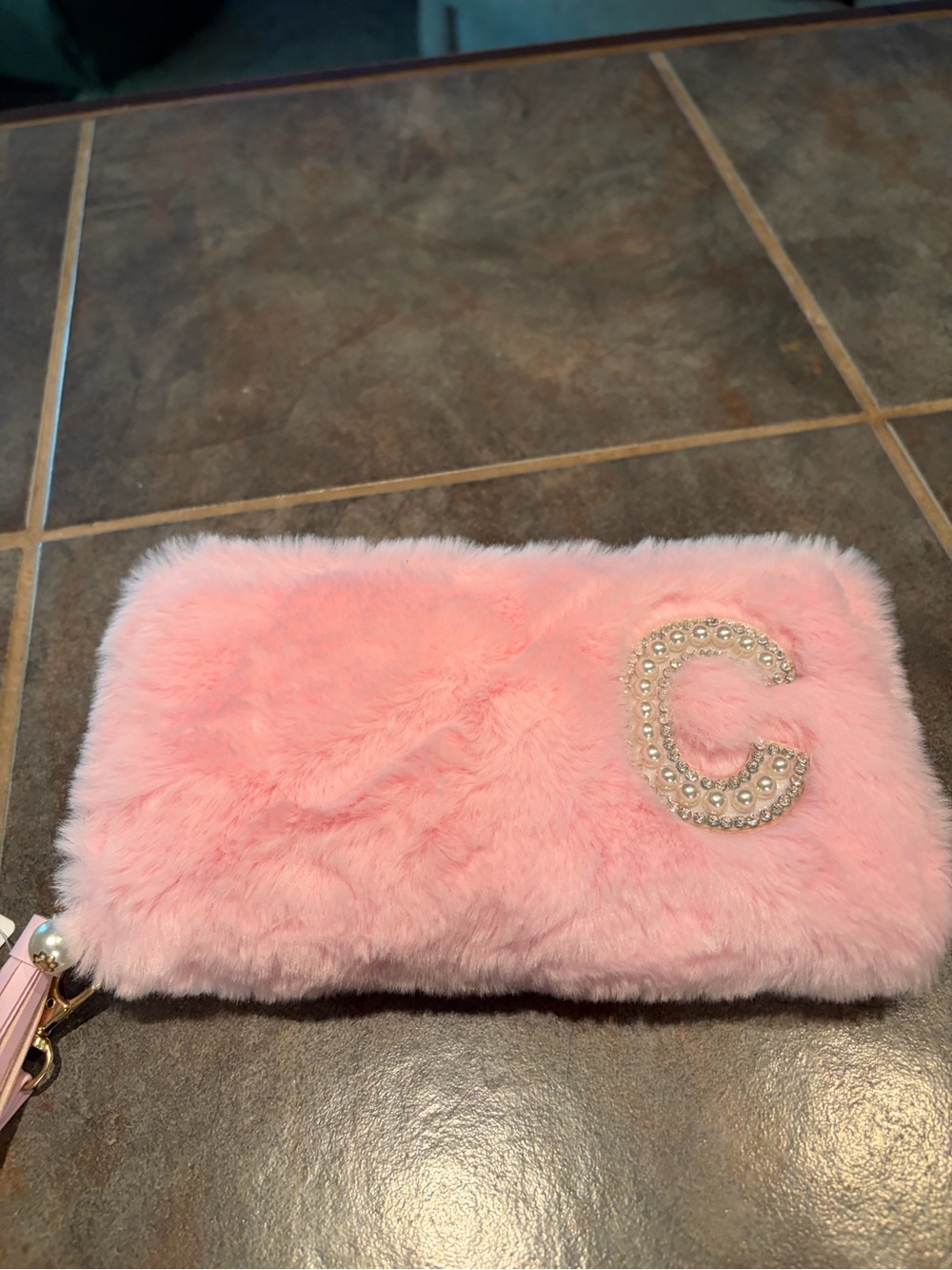 NWT Pink Faux Fur Wristlet Clutch with Crystal 'C' Accent